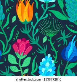 Floral seamless pattern. Hand drawn beautiful flowers. Colorful repeating background with blossom. Speckled petals. Design for wallpaper, textiles, wrapping paper, card. Vector illustration, eps10