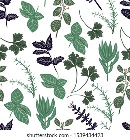 floral seamless pattern with hand drawn herb rosemary,parsley,mint,sage,basil,thyme,oregano. Creative herb texture for fabric, wrapping, textile, wallpaper, apparel. Vector illustration