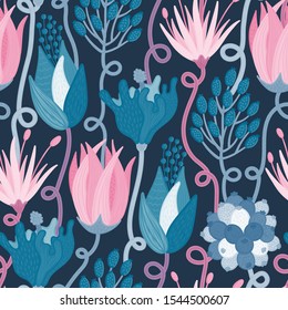 Floral seamless pattern. Hand drawn beautiful flowers. Colorful repeating background with blossom. Speckled petals. Design for wallpaper, textiles, wrapping paper, card. Vector illustration, eps10