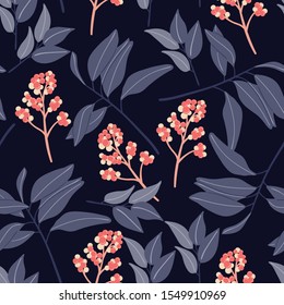 floral seamless pattern with hand drawn leaves and berry. Creative floral texture for fabric, wrapping, textile, wallpaper, apparel. Vector illustration