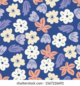 floral seamless pattern with hand drawn doodle flowers . Creative floral texture for fabric, wrapping, textile, wallpaper, apparel. Vector illustration