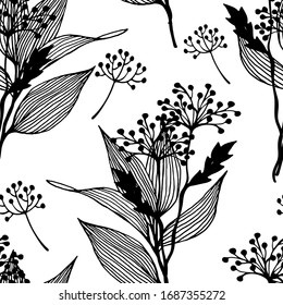 Floral seamless pattern with hand drawn leaves. Sketch style. Black and white vector illustration. White background.