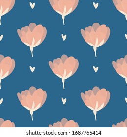 floral seamless pattern with hand drawn pink sakura flowers with blue background. creative floral designs for fabric, wrapping, wallpaper, textile, apparel. vector illustration