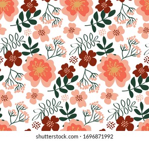Floral seamless pattern with hand drawn flowers. Texture with stylized minimalistic branches with green leaves and Pink and maroon flowers. Background for fabric, wallpaper, gift wrap.