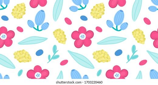 Floral seamless pattern. Hand drawn beautiful flowers. Colorful repeating background with blossom. Design for wallpaper, textiles, wrapping paper, cover notebook, header. Vector illustration, eps10