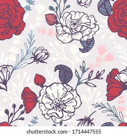 Vector de tracto manual sin fisuras florales. Patrón floral abstracto para el diseño decorativo. Textura de papel pintado de tela floral. Fondo botánico transparente.