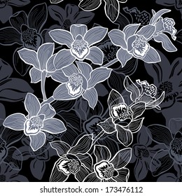 Floral seamless pattern with hand drawn orchids .Vector design.
