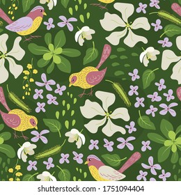 Floral seamless pattern. Hand drawn birds and plants on green background. Vector illustration.