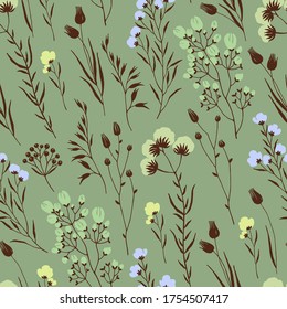 Patrón floral sin fisuras con ramas dibujadas a mano, hojas y flores silvestres. Plantas vectoriales abstractas sobre fondo verde en estilo vintage.