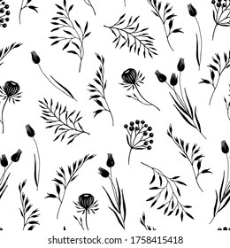 Floral seamless pattern with hand drawn flowers, branches and leaves black colors. Vector abstract plants scattered on white background.
