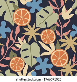 Floral seamless pattern, hand drawn trendy tropical plants. Green monstera leaves, jungle oranges in flat style. Vector isolated illustrations, elements on dark background.