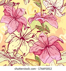 Floral Seamless Pattern with hand drawn flowers - tiger lilly 