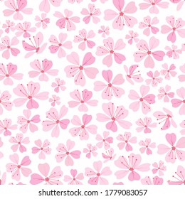 Floral seamless pattern with hand drawn pink cherry blossom on a white background vector illustration.