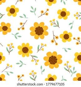 Floral seamless pattern and hand drawn sunflower   little daisies flower white background vector illustration 