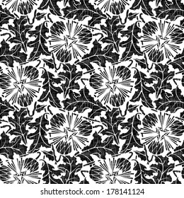 Floral seamless pattern with hand drawn flowers. Black and white