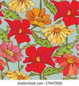 Floral Seamless Pattern with hand drawn flowers - poppy flowers and camomile on blue background. 