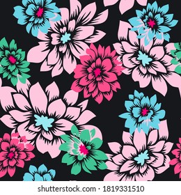 Floral seamless pattern with hand drawn Dahlia flowers. Bright vector floral background. Flat drawing in modern style. Botanical trendy ornament. Summer motif.