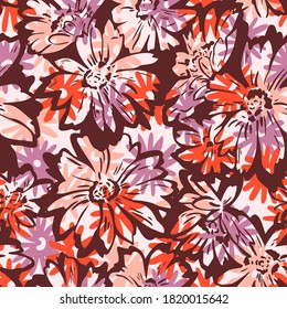 Floral seamless pattern. Hand drawn large flower buds. Brush strokes. Botanical background. Summer garden ornament with spotted texture.