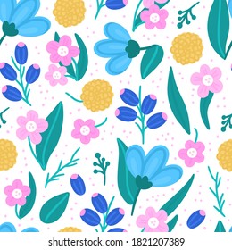 Floral seamless pattern. Hand drawn beautiful flowers. Colorful repeating background with blossom. Design for wallpaper, textiles, wrapping paper, cover notebook, header. Vector illustration, eps10