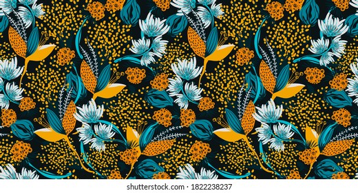 Floral seamless pattern. Hand drawn creative flower. Colorful repeating background with blossom. Design for wallpaper, textiles, wrapping paper, cover notebook, header. Vector illustration, eps10