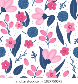 Floral seamless pattern. Hand drawn beautiful flowers. Colorful repeating background with blossom. Design for wallpaper, textiles, wrapping paper, cover notebook, header. Vector illustration, eps10