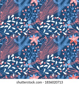 Patrón floral sin fisuras. Hierbas de invierno, bayas y ramas de abetos dibujadas a mano. Feliz Navidad de fondo. Fondo de vacaciones para papel pintado, textiles, envoltura, tarjeta, cubierta. Ilustración de vector plano