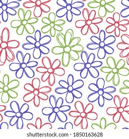 Floral seamless pattern. Hand drawn flowers. Vector illustration. Marker doodle sketch. Line art silhouettes. Repeat contour drawing. 