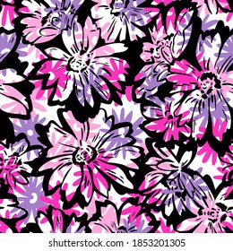 Floral seamless pattern. Hand drawn large flower buds. Brush strokes. Botanical background. Summer garden ornament with spotted texture.