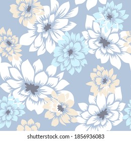 Floral seamless pattern with hand drawn Dahlia flowers. Bright vector floral background. Flat drawing in modern style. Botanical trendy ornament. Summer motif.