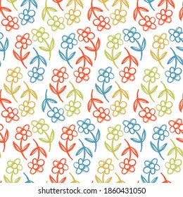 Floral seamless pattern. Hand drawn flowers. Vector illustration. Pen or marker doodle sketch. Line art silhouettes. Repeat contour drawing. 