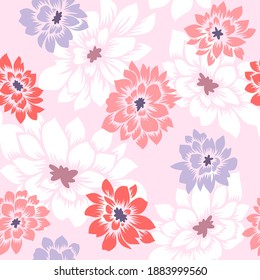 Floral seamless pattern with hand drawn Dahlia flowers. Bright vector floral background in pastel colors. Flat drawing in modern style. Botanical trendy ornament. Summer motif.