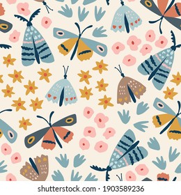 Floral seamless pattern. Hand drawn colorful flowers with flying butterflies and moth. Flat modern kids design for textile, fabric, wrapping paper. Meadow, garden vector illustration background. 