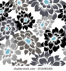 Floral seamless pattern with hand drawn. Black and gray color Dahlia flowers. Bright vector floral background. Flat drawing in modern style. Botanical trendy ornament. Summer motif.