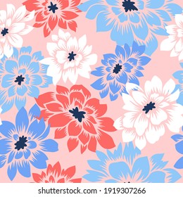 Floral seamless pattern with hand drawn Dahlia flowers. Bright vector floral background in pastel colors. Flat drawing in modern style. Botanical trendy ornament. Summer motif.