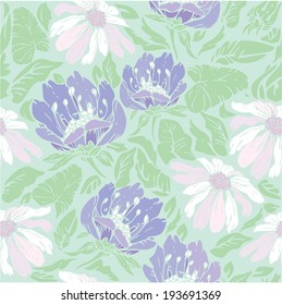 Floral Seamless Pattern with hand drawn flowers on light blue background. 