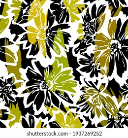 Floral seamless pattern. Hand drawn large flower buds. Brush strokes. Botanical background. Summer garden texture.