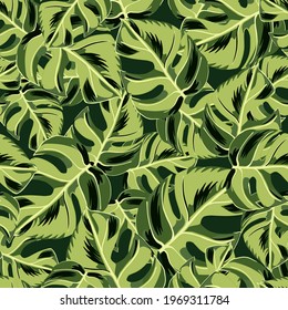 Floral seamless pattern with hand drawn random green monstera tropic leaves. Black background. Abstract print. Great for fabric design, textile print, wrapping, cover. Vector illustration.