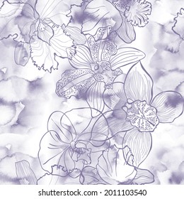 Floral seamless pattern with hand drawn different orchids on a watercolor background. Vector  illustration. Perfect for design templates, wallpaper, wrapping, fabric and textile.  