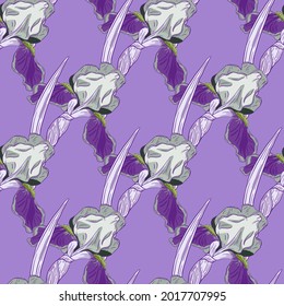 Floral sin costuras con adorno de flores de iris creativas dibujadas a mano. Obra de arte botánico de color púrpura. Ilustración vectorial para impresiones textiles estacionales, tela, carteles, telas de fondo y papel pintado.