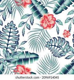 Patrón floral sin fisuras. La mano dibujó una gran flor roja. Silhouettes de flores. fondo de fondo inmaterial monocromático azul con plantas de hojas de palma de plátano. Textura de la impresión del jardín de verano. de moda