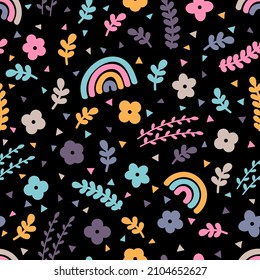 Floral seamless pattern with hand drawn elements. Scandinavian style. Spring. Doodle flowers. Vector illustration