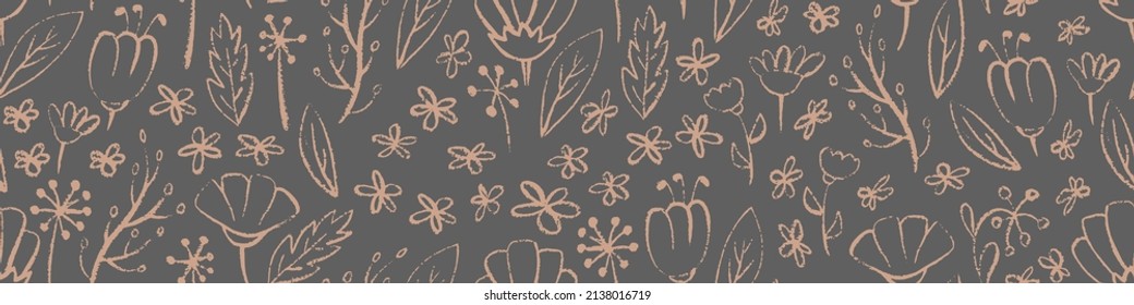 Patrón floral sin fisuras. Flores dibujadas a mano y hojas sobre fondo gris. Ilustración vectorial.