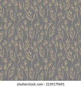 Floral seamless pattern. Hand drawn weed grass on gray background. Vector illustration.