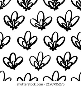 Nahtloses Muster mit handgezeichneten Lotterien. Handgezeichnete, Vektorstilisierte Blumen, geometrisches Motiv. Retro-Stil und ästhetische Ornamente. Abstrakte Blumenhintergründe. Einfaches geometrisches botanisches Muster.