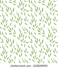 Floral seamless pattern with hand drawn small leaves. Tiny eucalyptus leaves on white background. Vector illustration.