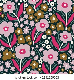 Floral seamless pattern with hand drawn flowers and botanical elements on dark background. Vector illustration. Greet foe fabric, textile, digital papers. 