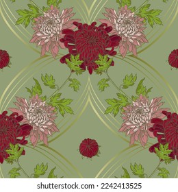 Patrón floral sin fisuras de crisantemo dibujado a mano. Patrón vectorial de flores rosadas y rojas sobre fondo de color sabio.