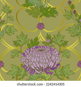 Floral seamless pattern of hand drawn chrysanthemums. Vector pattern of lilac flowers on a golden olive background.