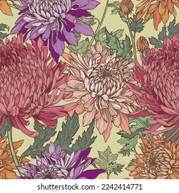 Floral seamless pattern of hand drawn chrysanthemums. Vector pattern of pink, red, orange and purple flowers on a light yellow background.