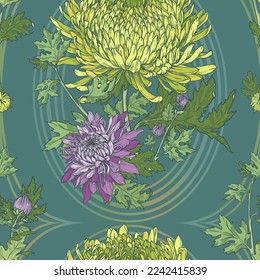 Patrón floral sin fisuras de crisantemo dibujado a mano. Patrón vectorial de lilas y flores amarillo-verde sobre un fondo de piel.